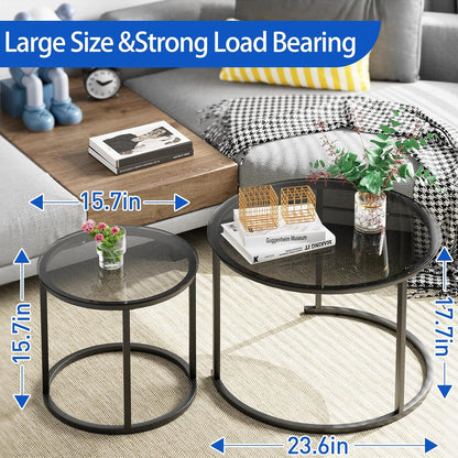 aboxoo Nesting Coffee Table Grey Glass Table Set of 2, Small Round Glass Nesting Tables for Living