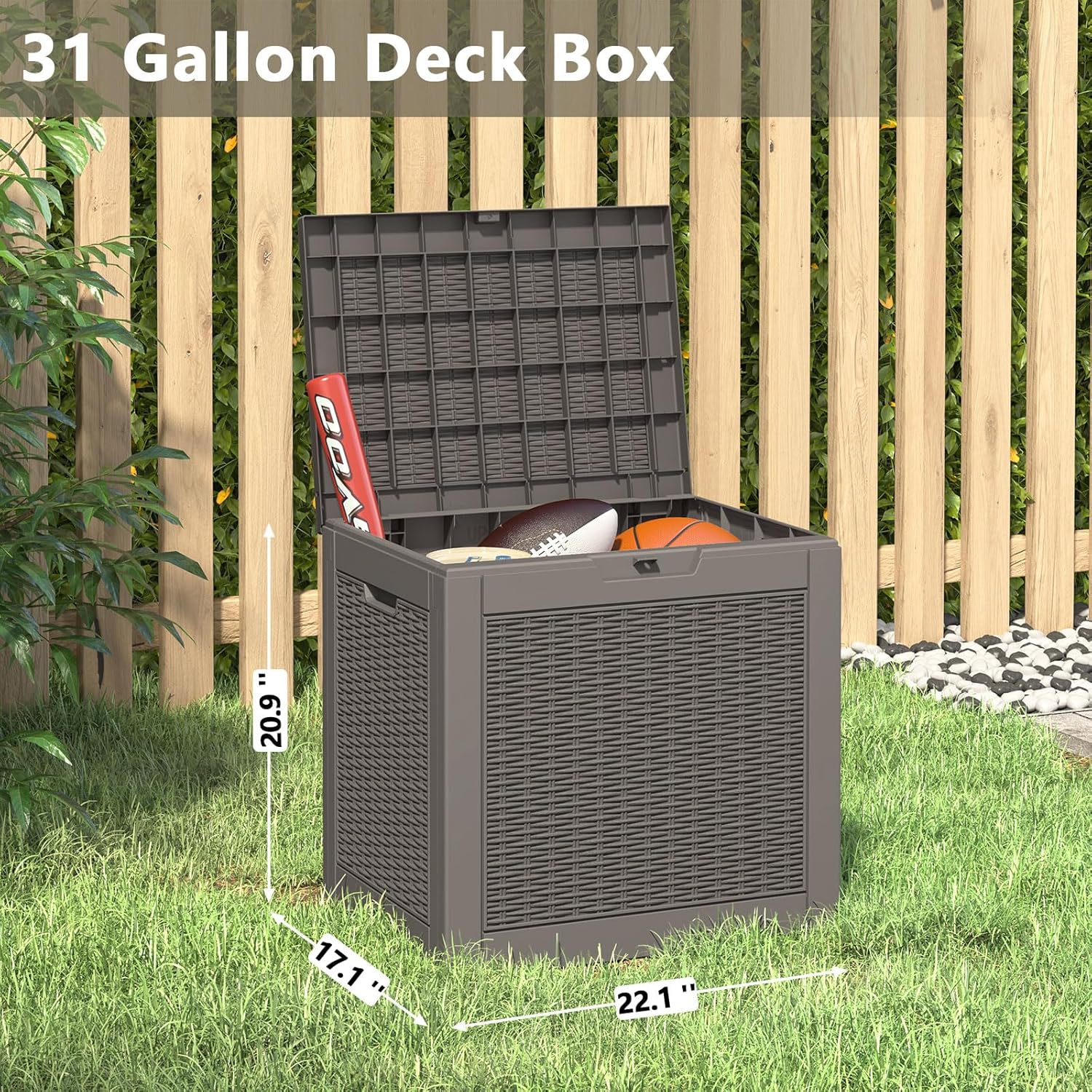 31 Gallon Deck Box, Resin Outdoor Storage Box, Waterproof and UV Resistant Deck Box, Lightweight