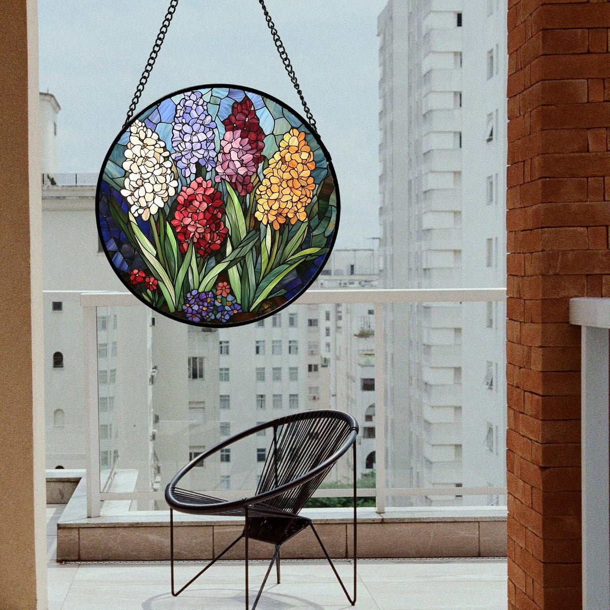 Stained Glass Window Hanging, Colorful Hyacinth Flowers Suncatcher for Doors Window Home Plant Sun