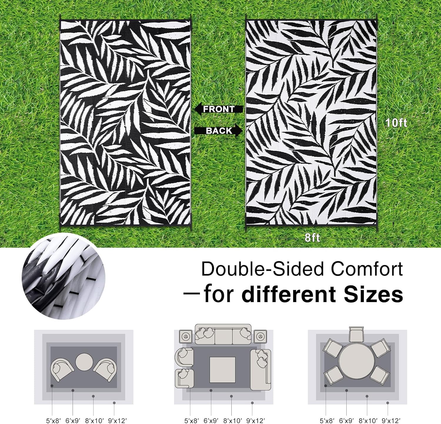OLANLY Waterproof Outdoor Rug 8x10 ft, Reversible Outdoor Plastic Straw Rug with Leaf Pattern, RV