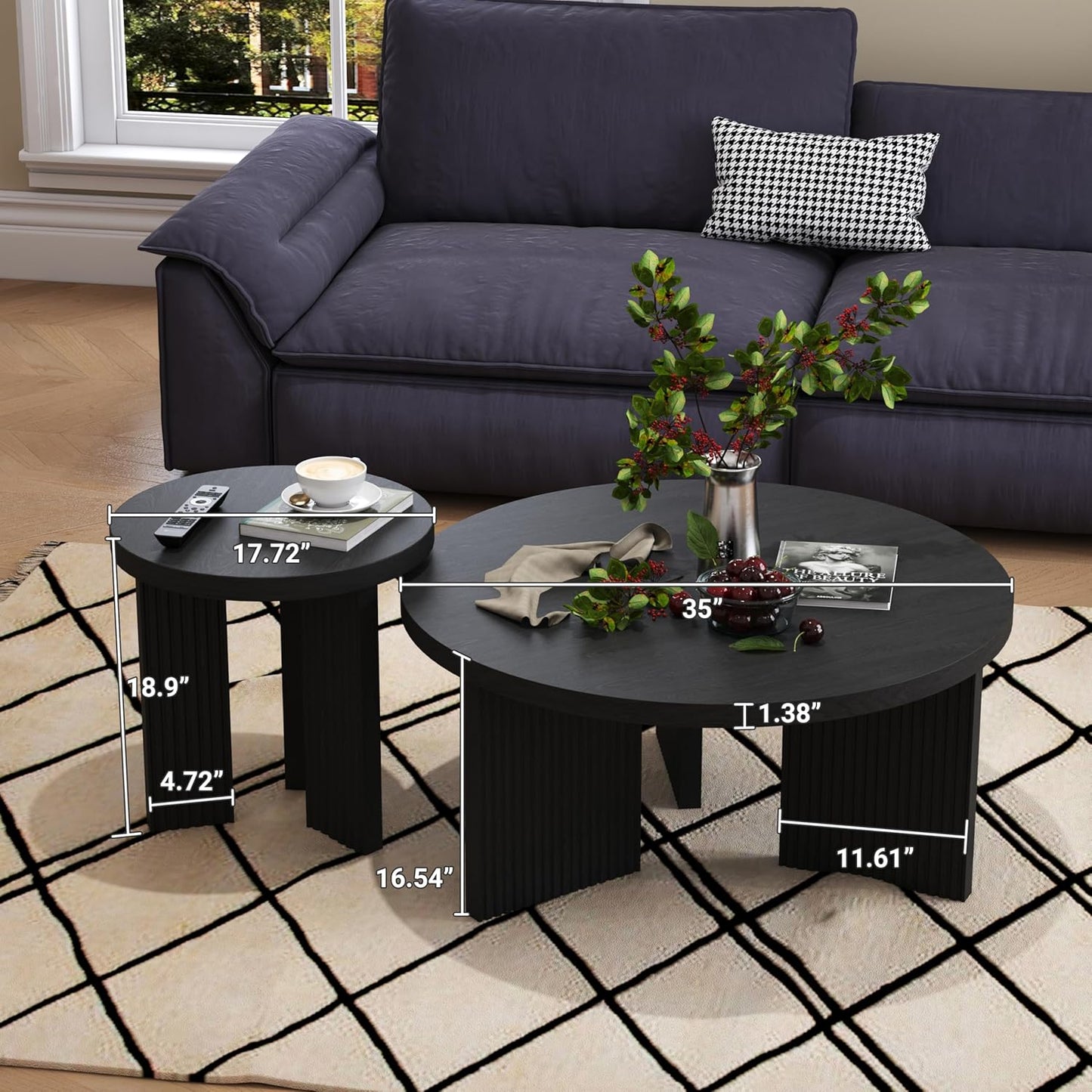 Nesting Coffee Table Set of 2, Modern Wooden Coffee Table with Smooth Thick Design, Circle Tea