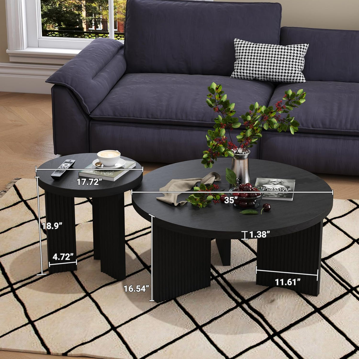Nesting Coffee Table Set of 2, Modern Wooden Coffee Table with Smooth Thick Design, Circle Tea