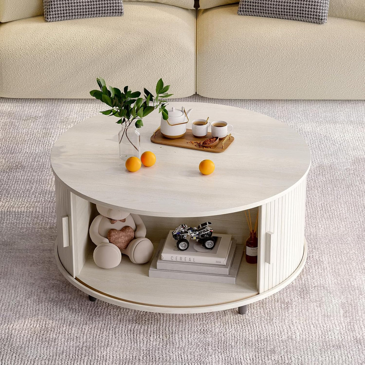 Round Coffee Table with Storage, 31.5" Modern Coffee Table with 360° Curved Sliding Door, Fluted