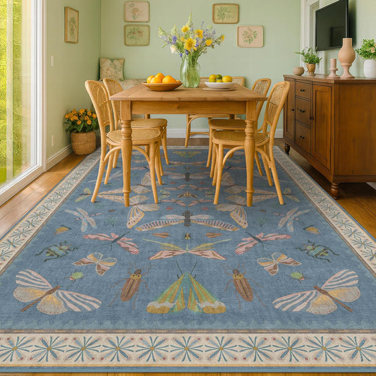 6x9 Blue Floral Rug for Dining Room Table - Area Rugs for Living Room, Bedroom, Insect Moth Art