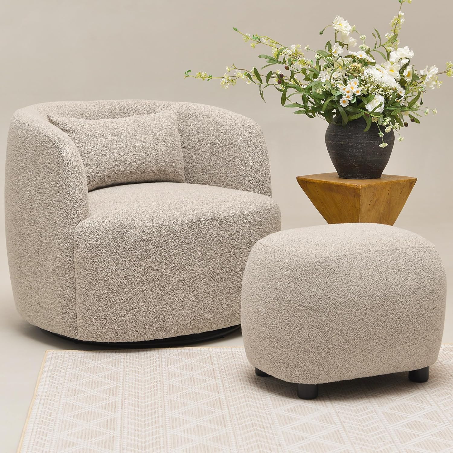 KINWELL 34" Wide 2 Boucle Swivel Barrel Chairs and 2 Ottomans Set, Fully Assembled Sherpa Accent