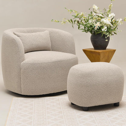 KINWELL 34" Wide 2 Boucle Swivel Barrel Chairs and 2 Ottomans Set, Fully Assembled Sherpa Accent