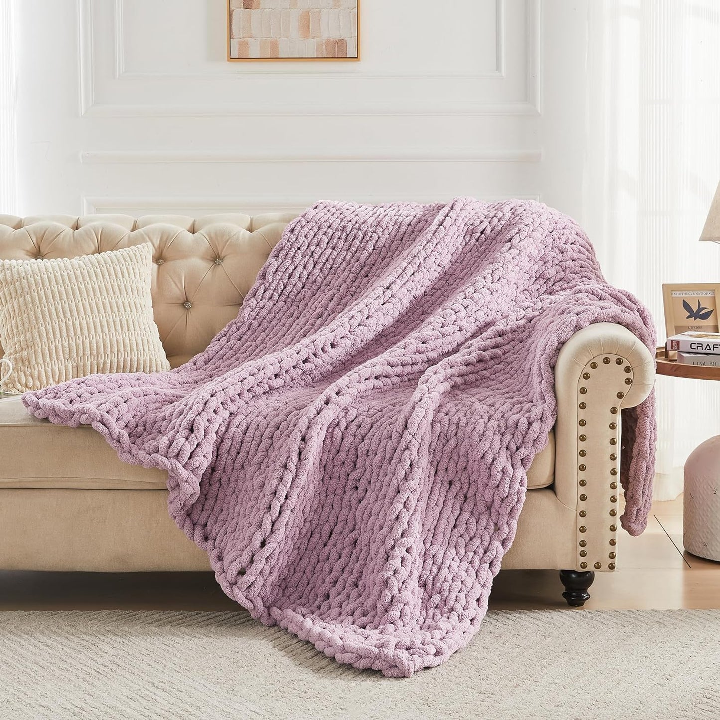 Carriediosa Chunky Knit Throw Blanket 60" X 80" Twin, 100% Hand Made Large Chenille Loop Yarn Soft