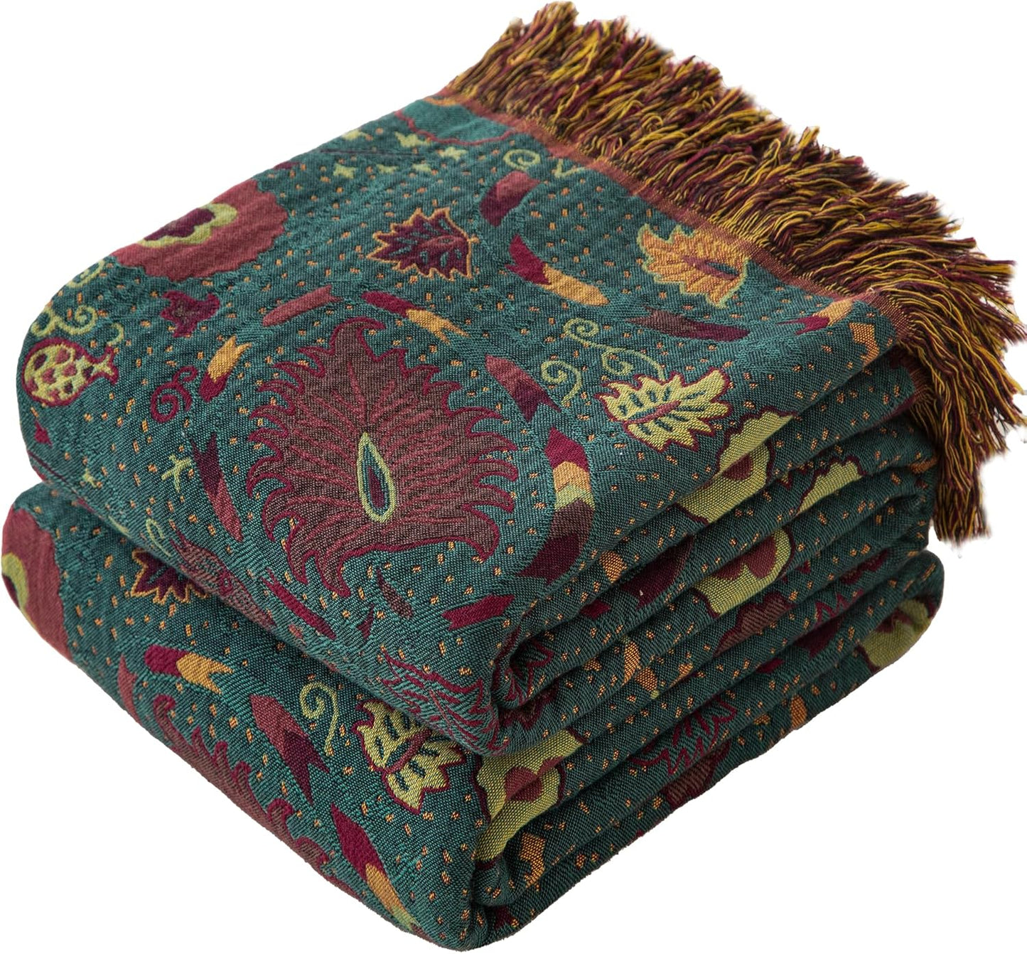 Boho Throw Blanket Twin Size, Soft Cozy Cotton Muslin Quilt Blanket for Bed Decor, Floral Patterned
