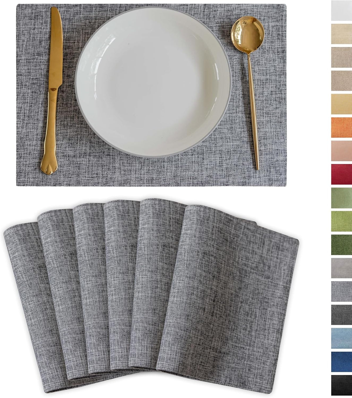 Demetex Cloth Placemats Set of 6 Table Mats Gray Linen Place Mats for Buffet Kitchen and Dining