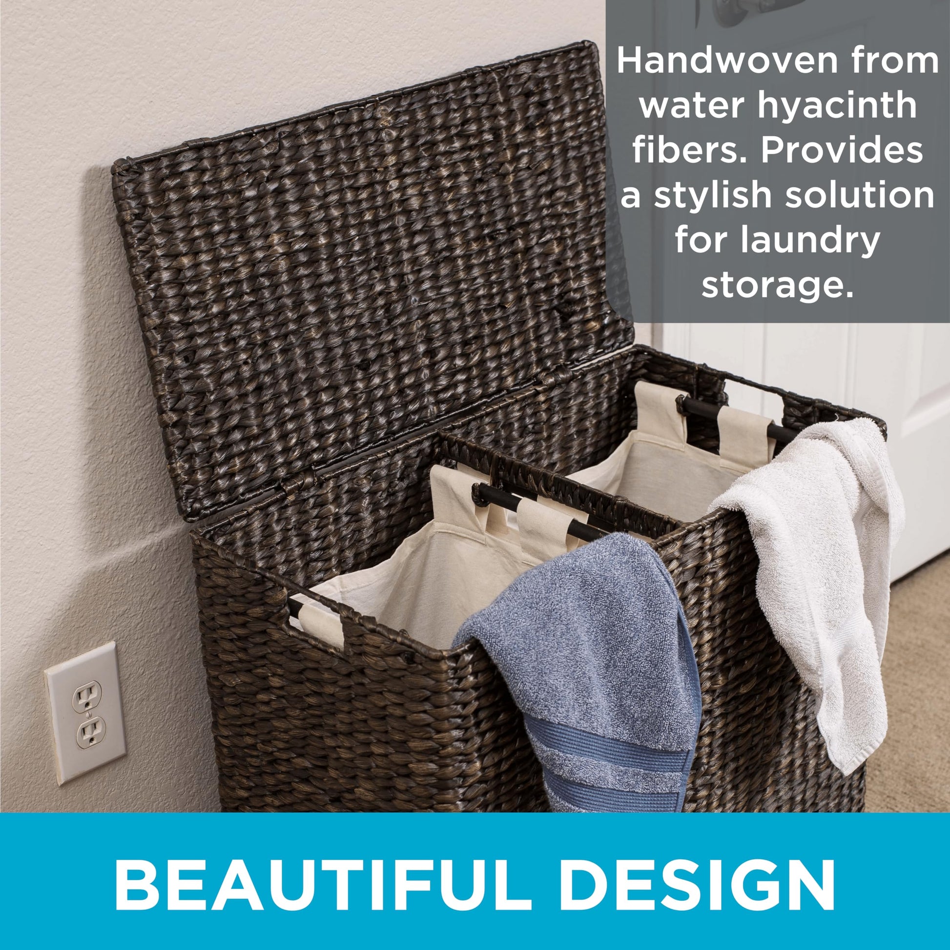 BirdRock Home Water Hyacinth Laundry Hamper Divided Interior (Espresso) | Eco-Friendly | Made of