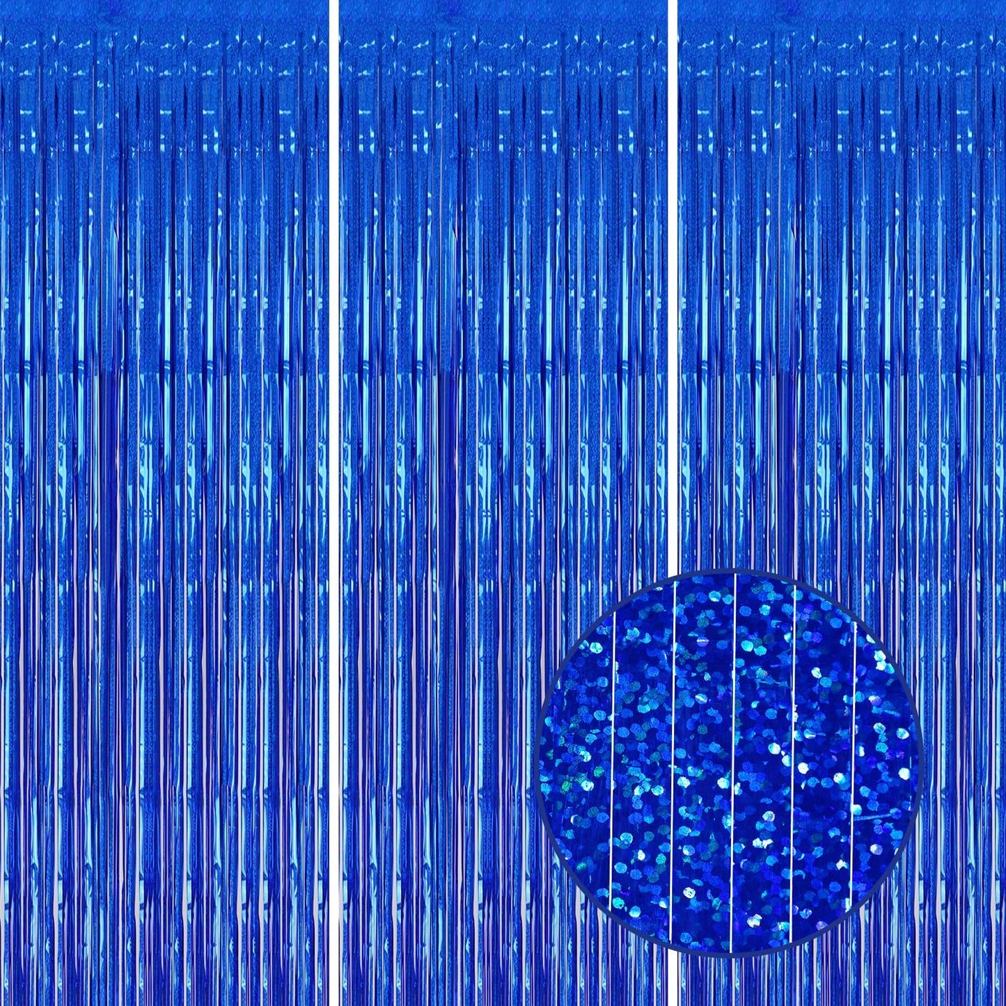 3 Pack Foil Fringe Backdrop - Laser Royal Blue Shiny Tinsel Curtains for Party Decoration/Photo