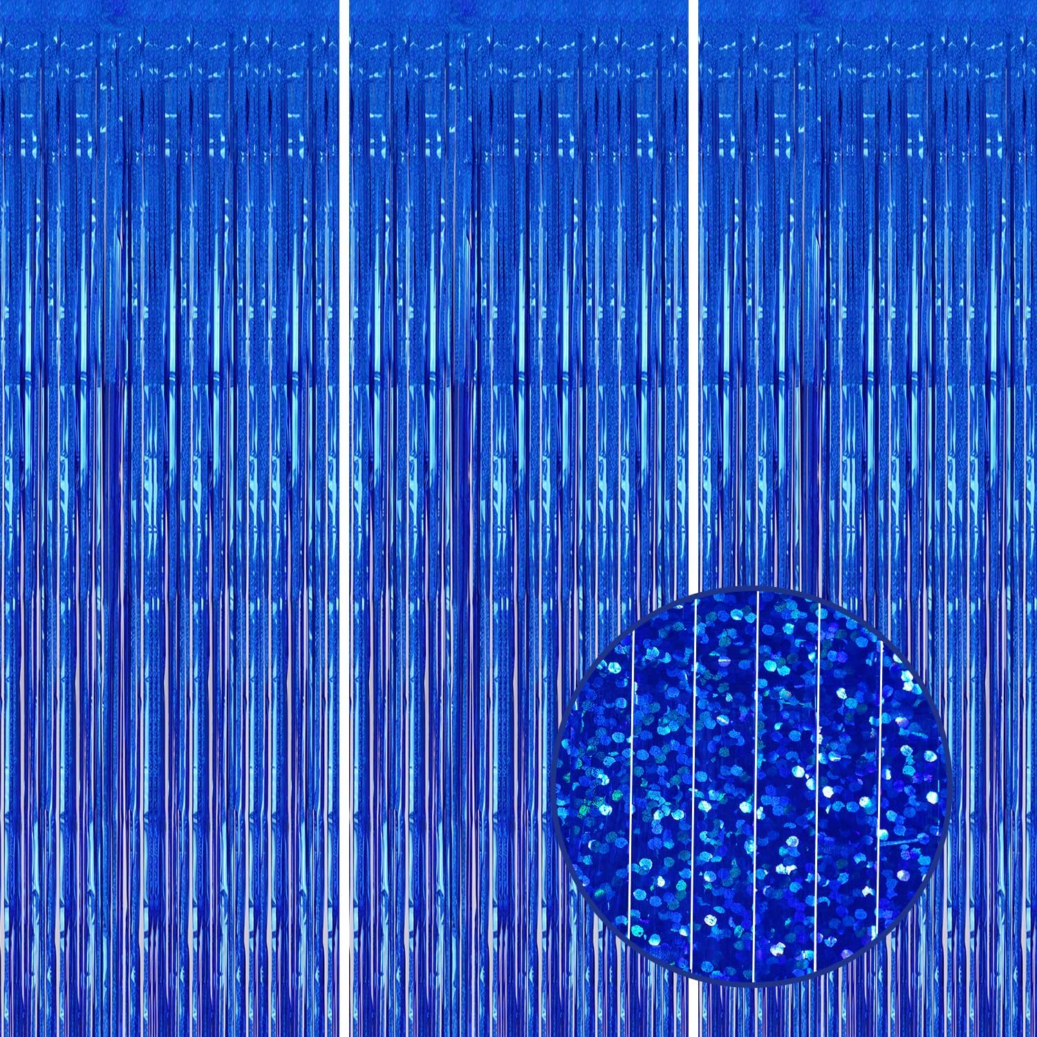 3 Pack Foil Fringe Backdrop - Laser Royal Blue Shiny Tinsel Curtains for Party Decoration/Photo