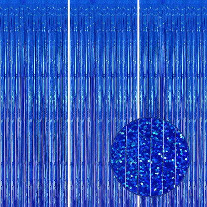 3 Pack Foil Fringe Backdrop - Laser Royal Blue Shiny Tinsel Curtains for Party Decoration/Photo