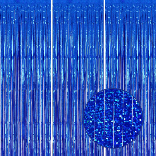 3 Pack Foil Fringe Backdrop - Laser Royal Blue Shiny Tinsel Curtains for Party Decoration/Photo