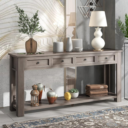 Solid Wood Console Table,Long Sofa Table Entryway Table with 4 Drawers and Bottom Shelf for Hallway