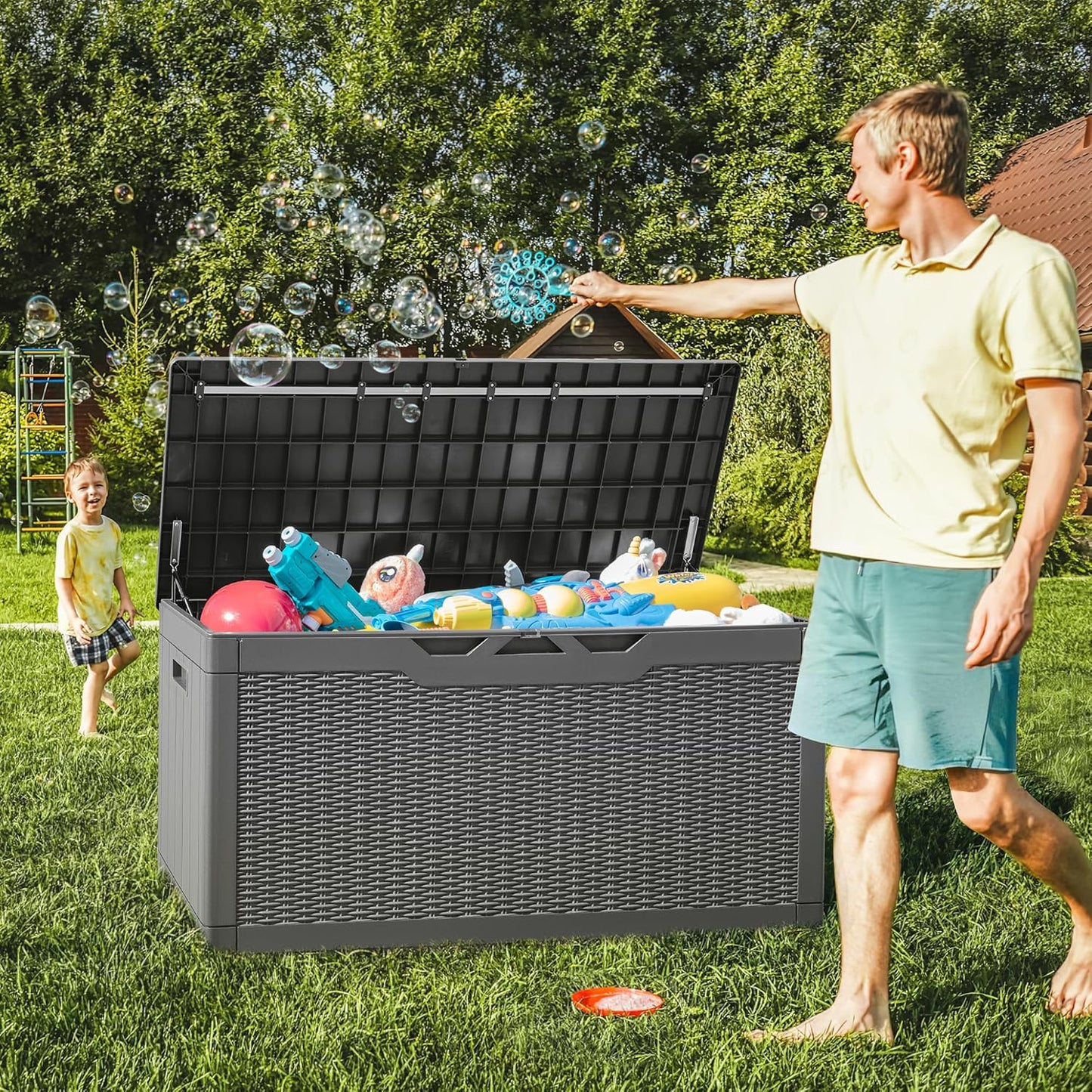 Greesum 100 Gallon Resin Deck Box Large Outdoor Storage with Cushions for Patio Furniture, Garden