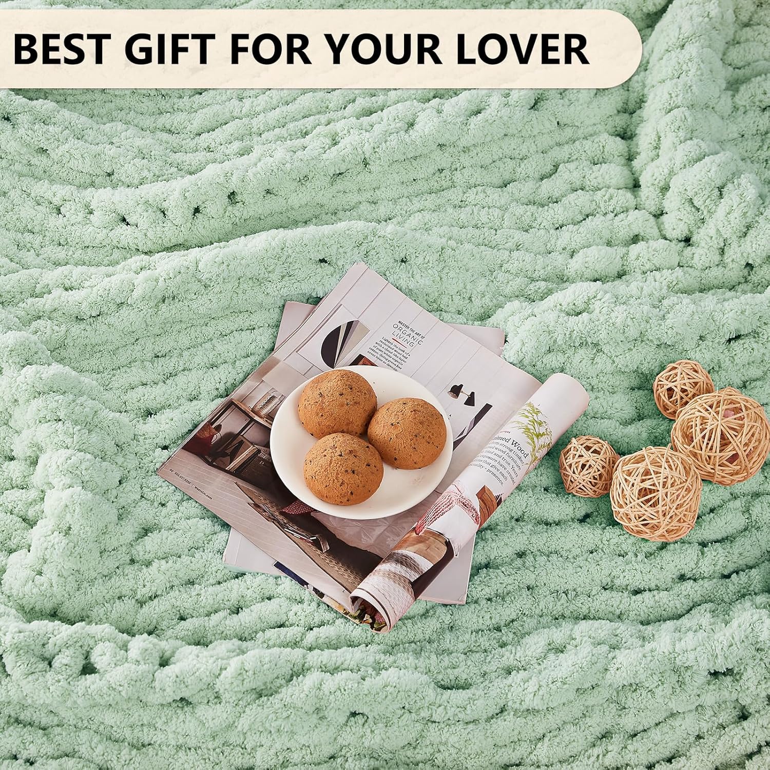 L'AGRATY Chunky Knit Blanket Throw: 50''x60'' Chenille Chunky Knitted Throw Blanket for Bed Couch
