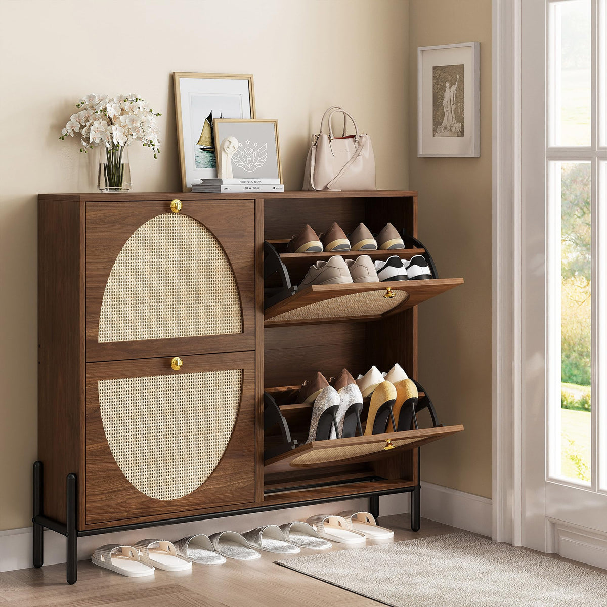 IRONCK Rattan Shoe Cabinet Storage with 4 Flip Drawers, Walnut
