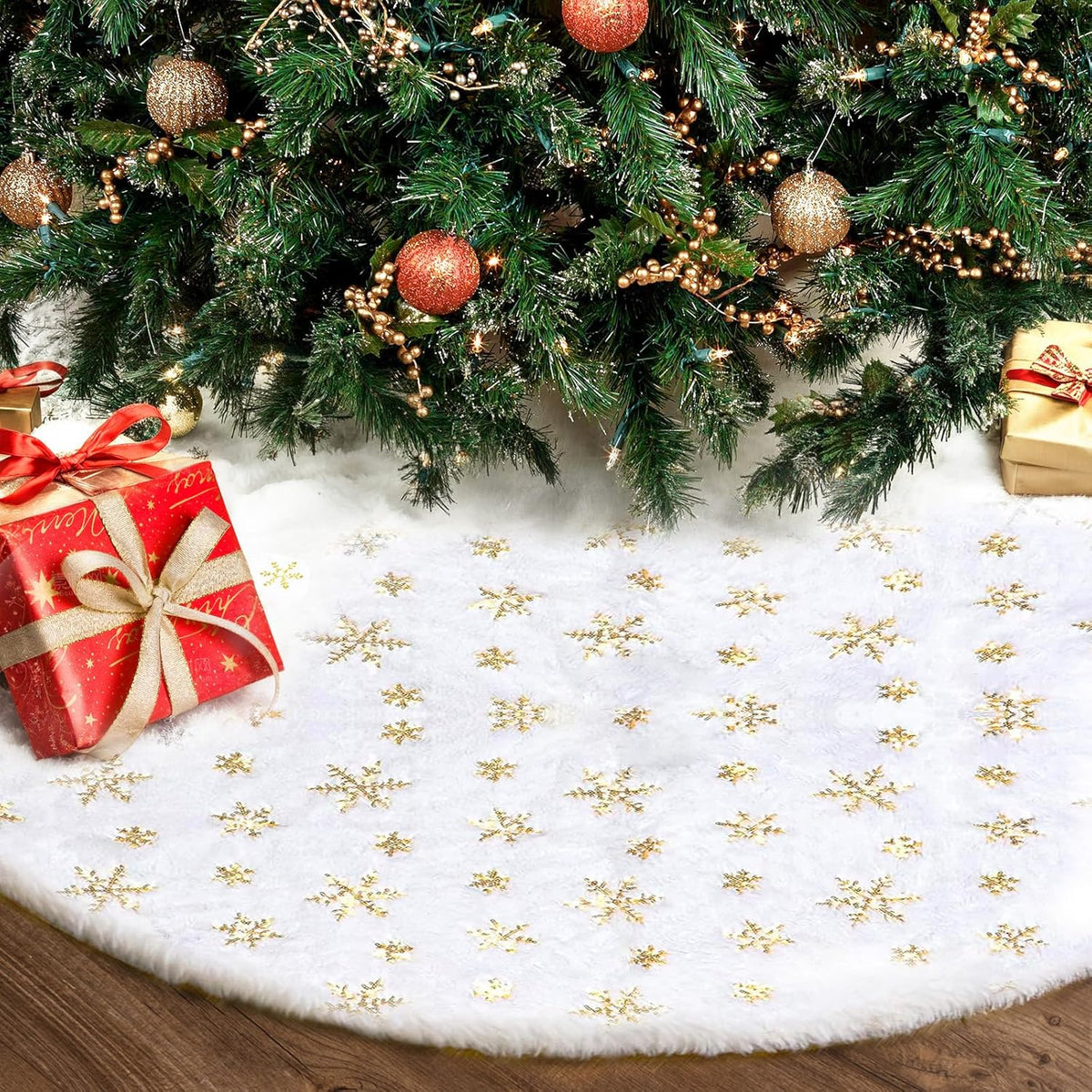 Christmas Tree Skirt 36 Inch, Holiday Part Decorations for Christmas Tree, Whit Plush Gold Sequin