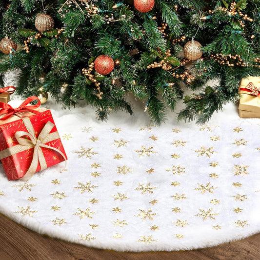 Christmas Tree Skirt 48Inch, Holiday Part Decorations for Christmas Tree, Whit Plush Glod Sequin