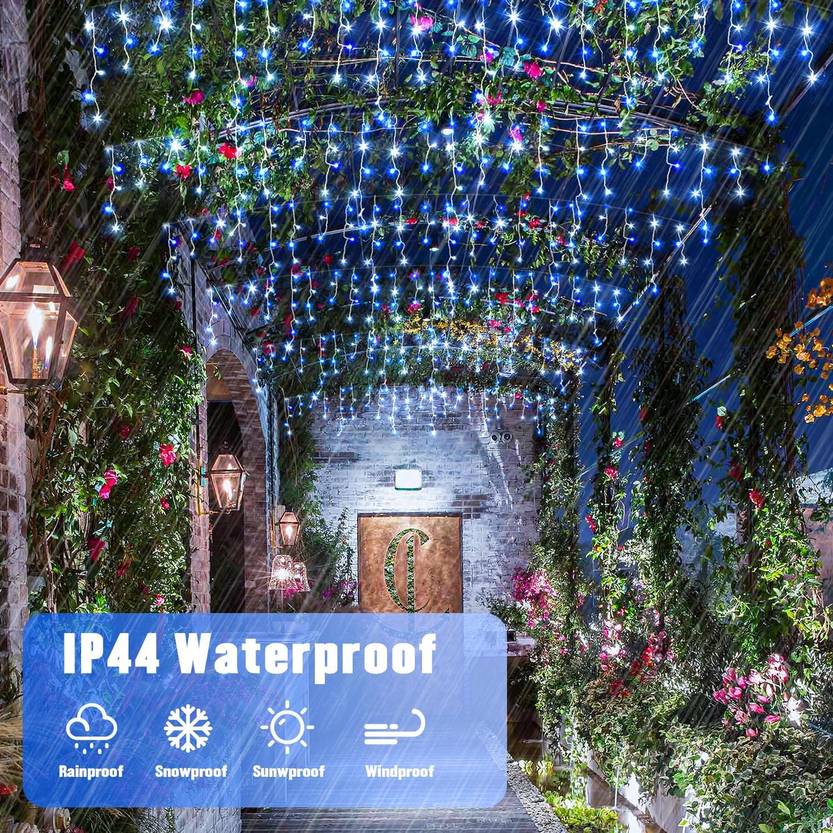 JMEXSUSS Blue&White Icicle Lights - 38.8FT 400 LED Icicle String Lights with Remote for