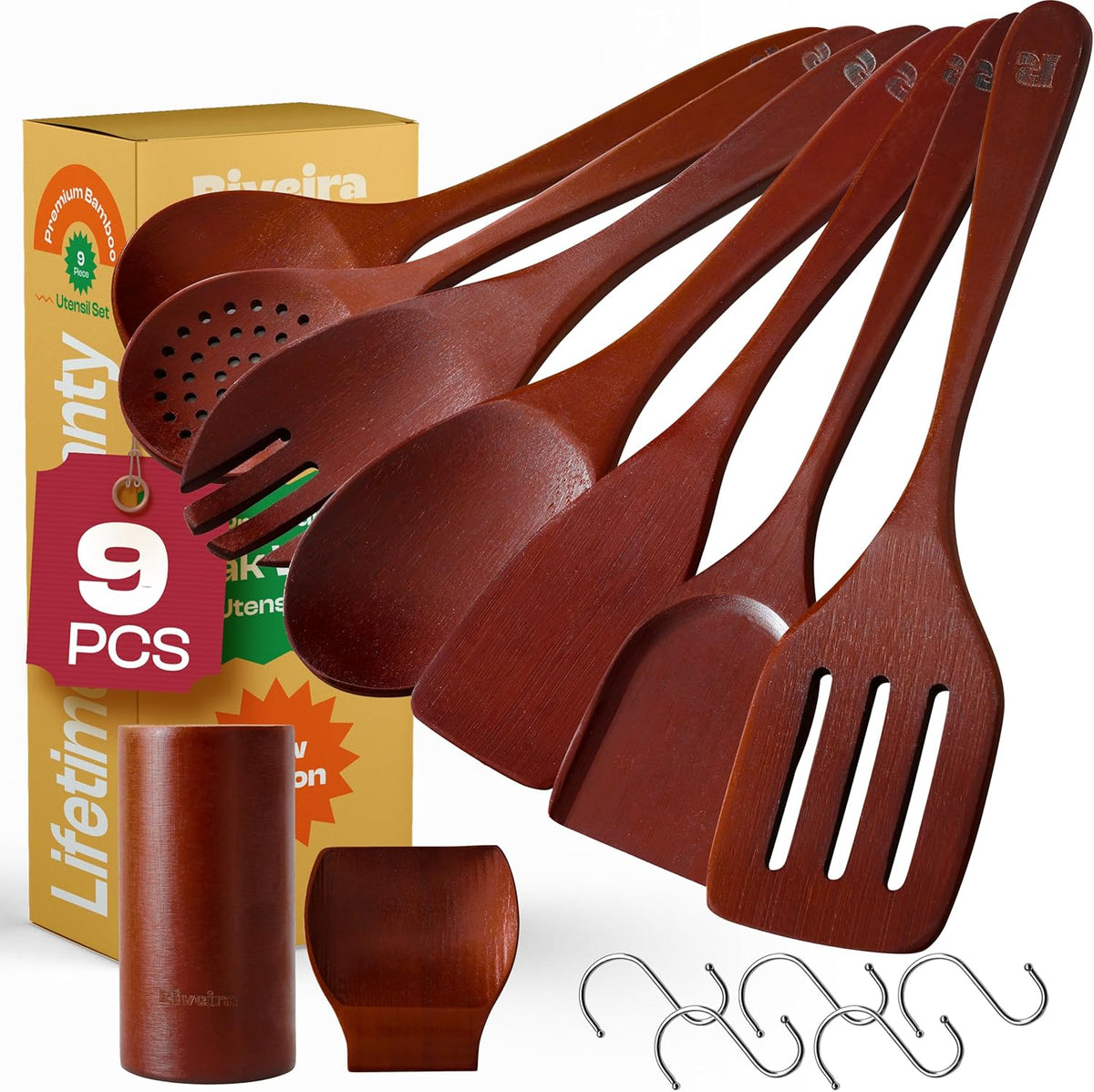 Riveira Set of 9 Premium Brown Bamboo Cooking Utensils - Bamboo Utensils for Cooking - Non-Toxic