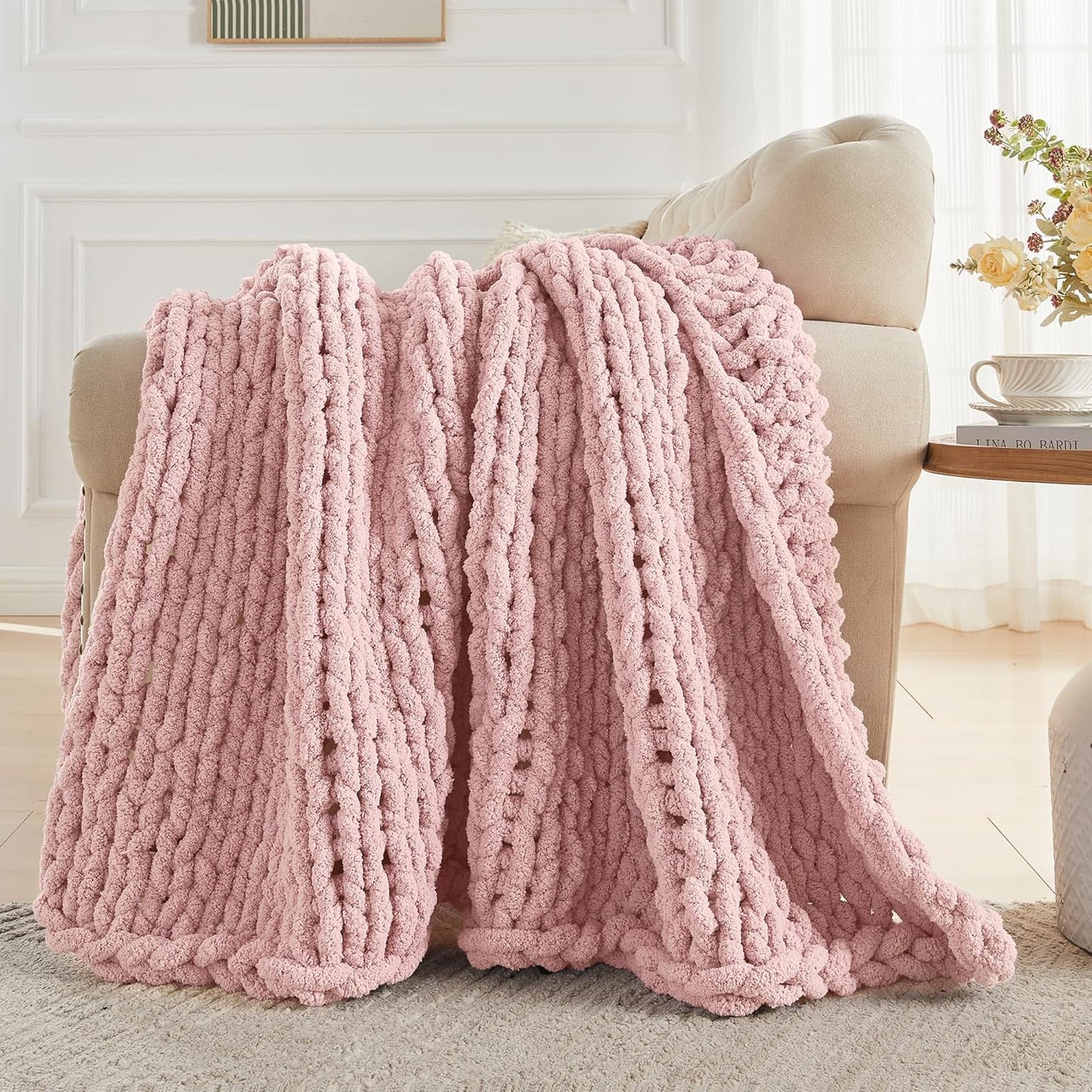 Carriediosa Chunky Knit Throw Blanket 60" X 80" Twin, 100% Hand Made Large Chenille Loop Yarn Soft