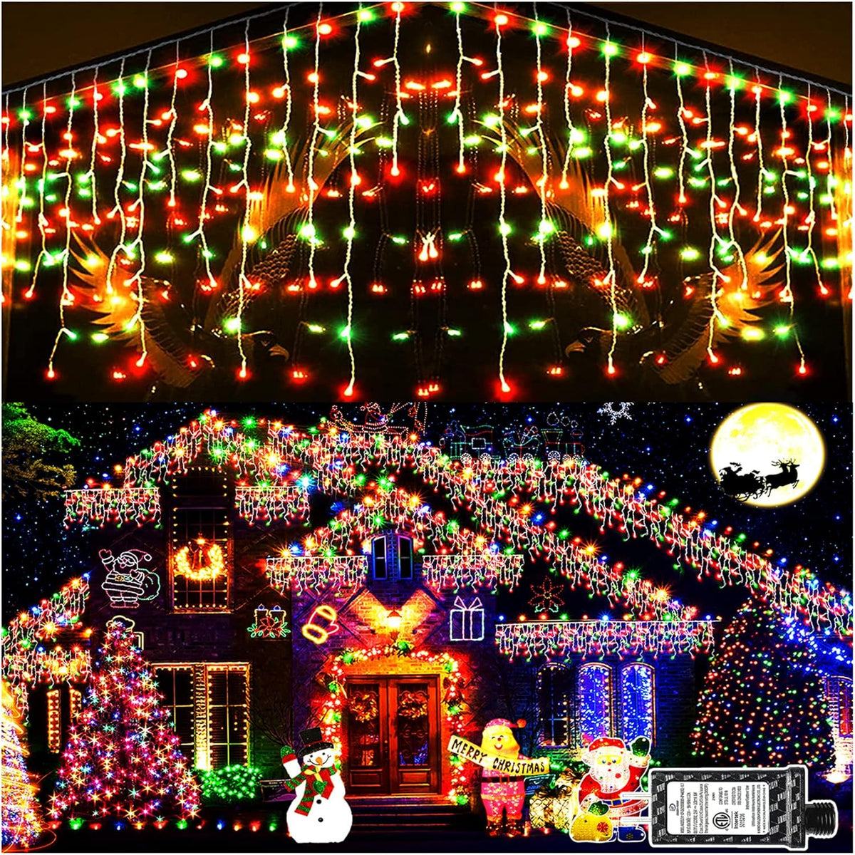 KNONEW Christmas Lights Outdoor Decorations 400 LED 33ft 8 Modes Curtain Fairy String Light with 75