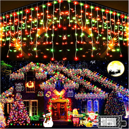 KNONEW Christmas Lights Outdoor Decorations 400 LED 33ft 8 Modes Curtain Fairy String Light with 75