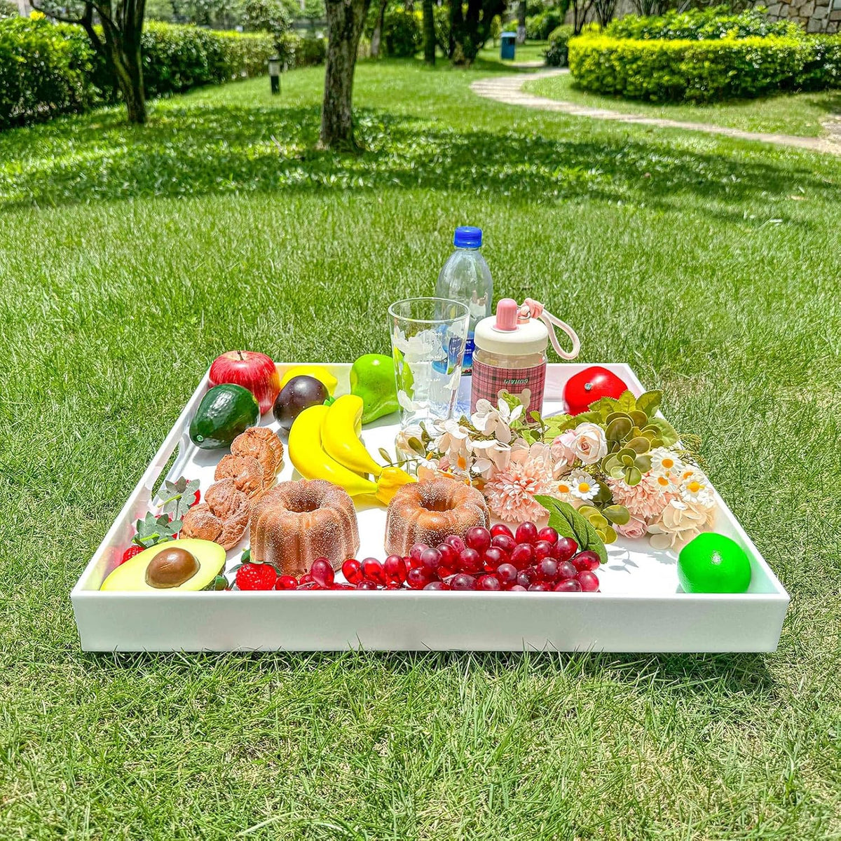 White Rectangular 18x20 Inches Acrylic Ottoman Tray Decorative Serving Tray with Cutout Handles