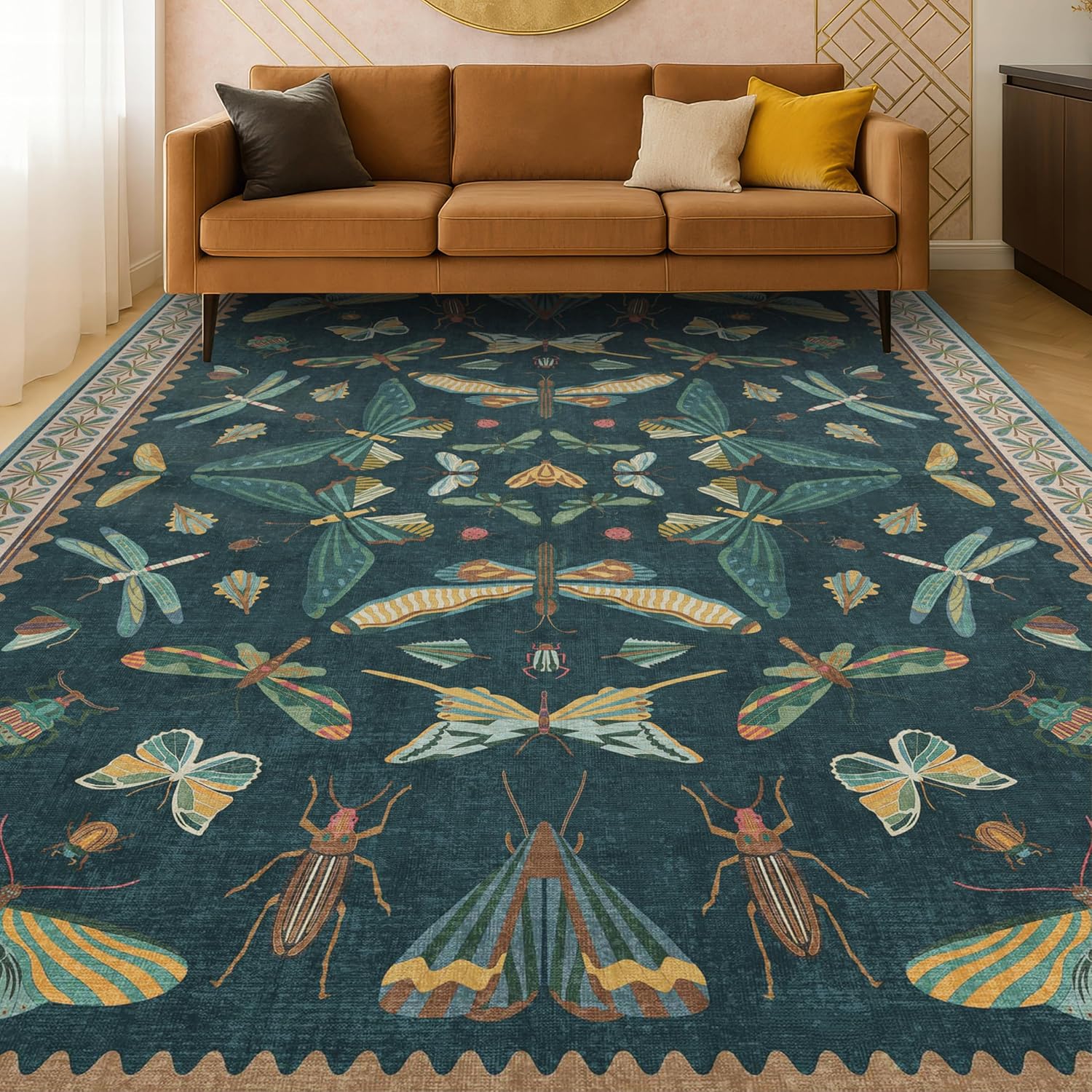 Insect Teal Green 5x7 Area Rug for Living Room - Cottage Core Rug for Bedroom, Dining Room, Kids