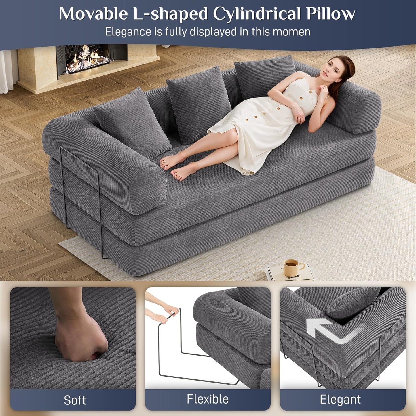 Convertible Sleeper Sofa Bed with Pillow, 4-in-1 Corduroy Folding Mattress Couch with Fixed-Shape