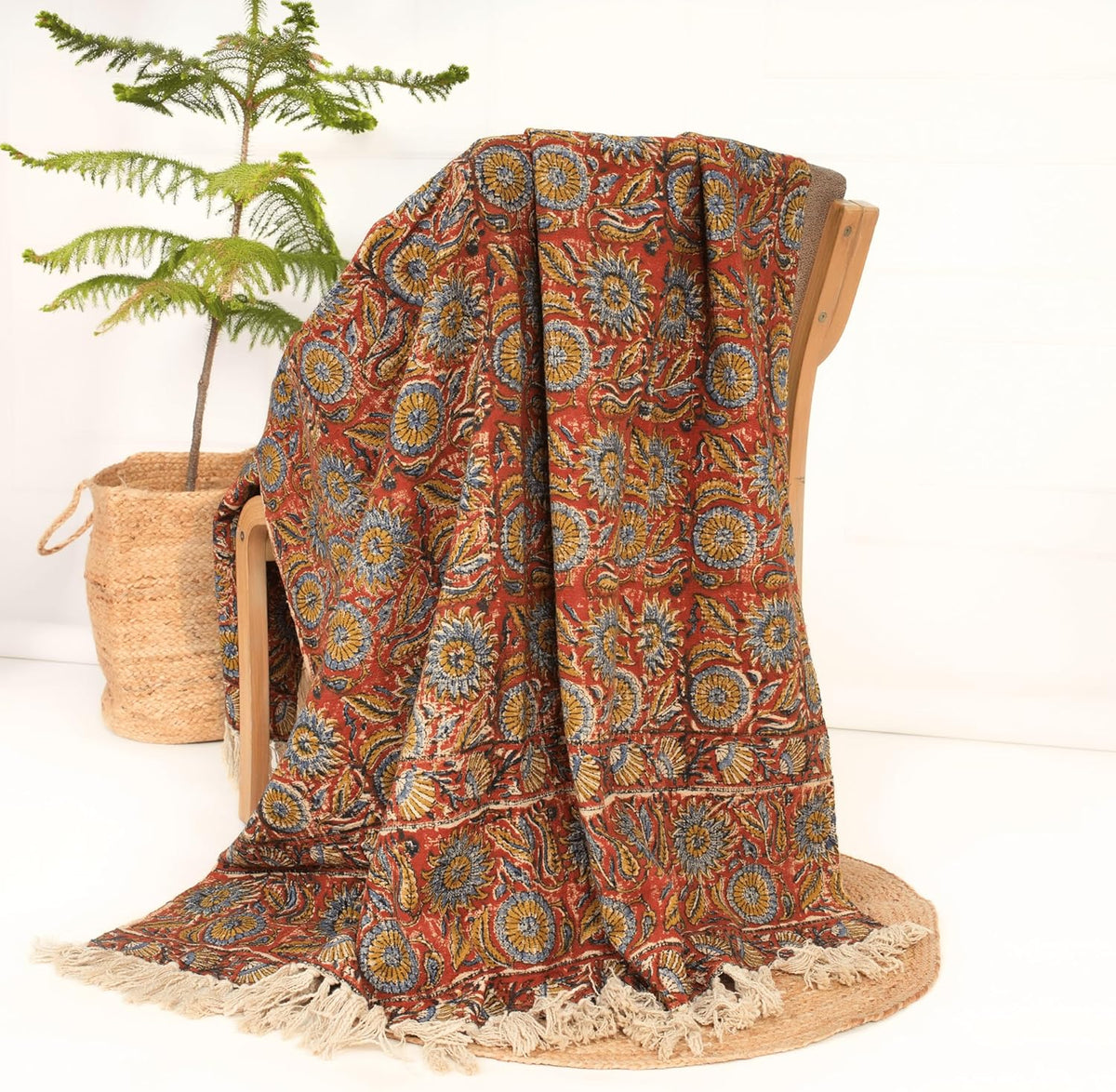 Handmade Cotton Throw Blanket | Floral Block Print in Orange & Navy | 48x70 Inches Fringed Bed