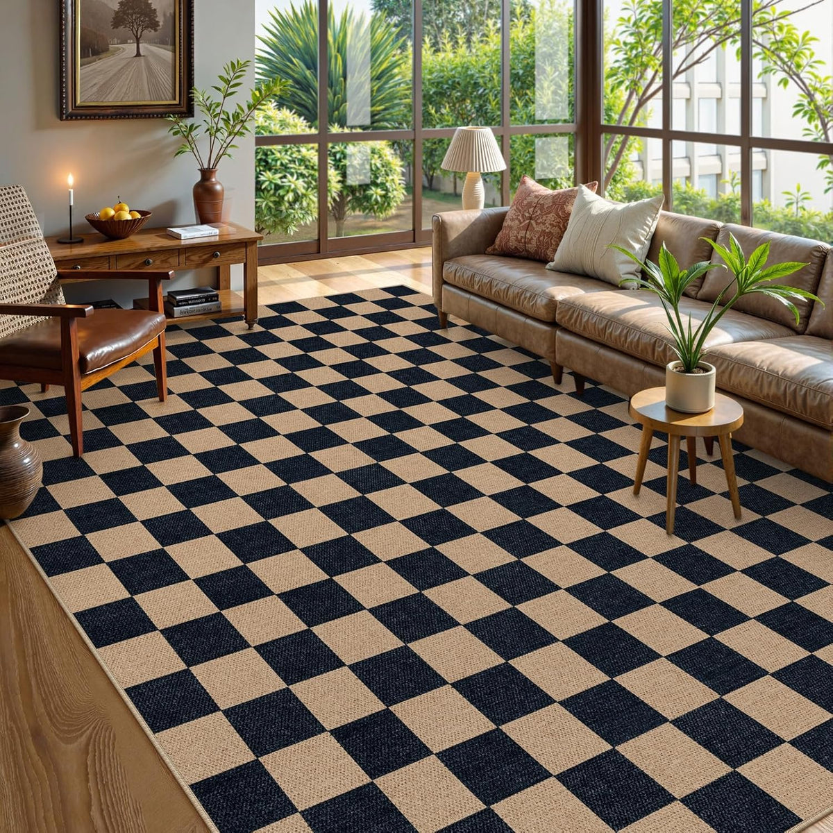 Lahome Checkered Easy Jute Rug, 9x12 Area Rug for Living Room Indoor Outdoor Carpet, Farmhouse