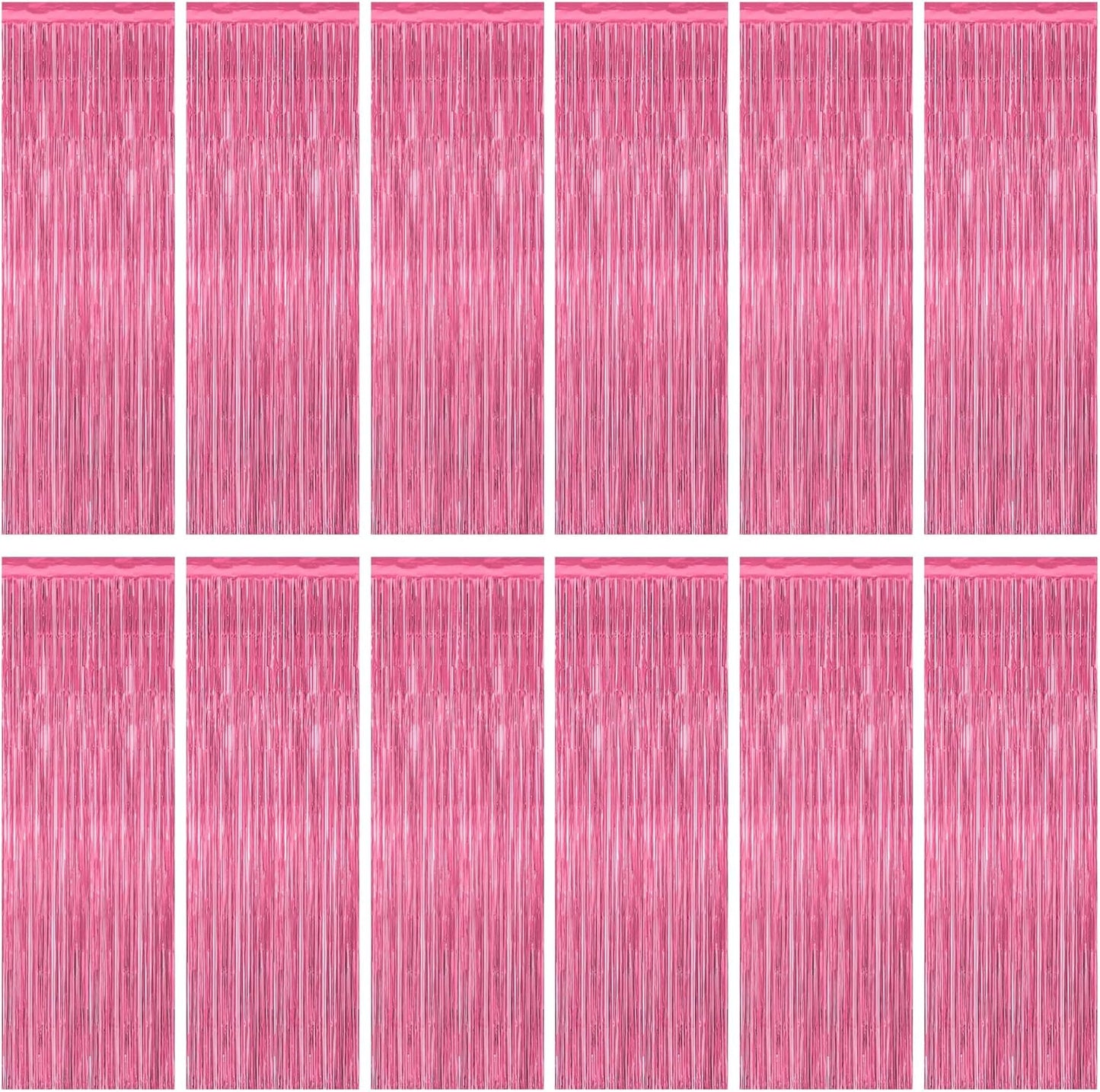 12 Pack Pink Backdrop, 3.28 FT x 7.05 FT Foil Fringe Curtains, Metallic Pink Tinsel Curtain Party