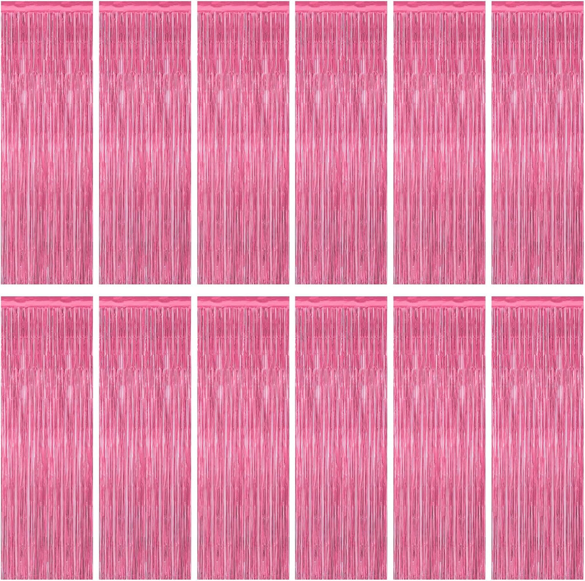 12 Pack Pink Backdrop, 3.28 FT x 7.05 FT Foil Fringe Curtains, Metallic Pink Tinsel Curtain Party