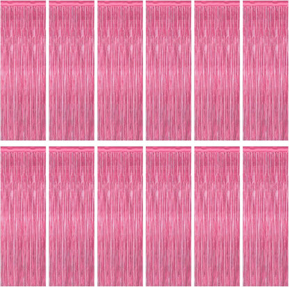 12 Pack Pink Backdrop, 3.28 FT x 7.05 FT Foil Fringe Curtains, Metallic Pink Tinsel Curtain Party