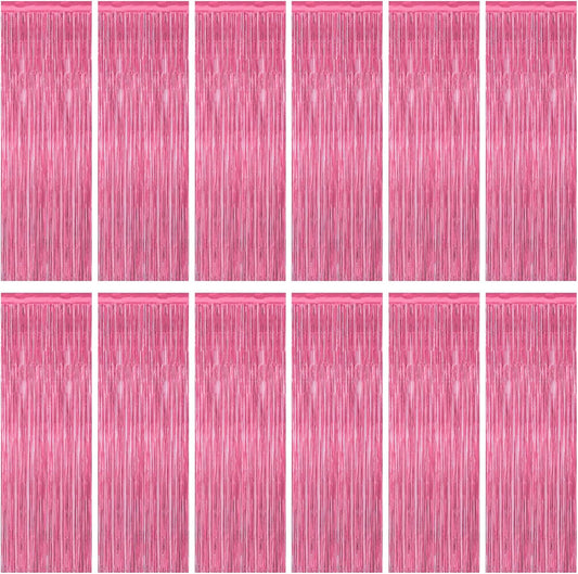 12 Pack Pink Backdrop, 3.28 FT x 7.05 FT Foil Fringe Curtains, Metallic Pink Tinsel Curtain Party