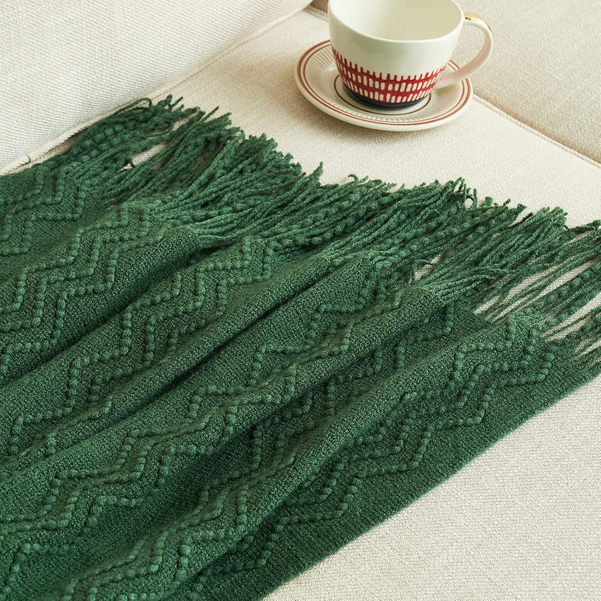 MIULEE Dark Green Knitted Throw Blanket for Couch Boho Textured Cozy Woven Blanket with Tassels for