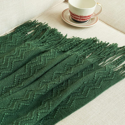 MIULEE Dark Green Knitted Throw Blanket for Couch Boho Textured Cozy Woven Blanket with Tassels for