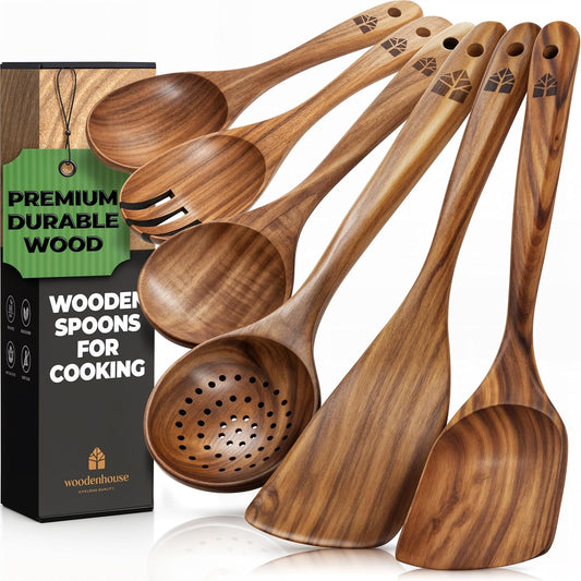 Wooden Spoons for Cooking – Wooden Kitchen Utensils Set, 6 Pcs Teak Wood Utensil Set – Comfortable