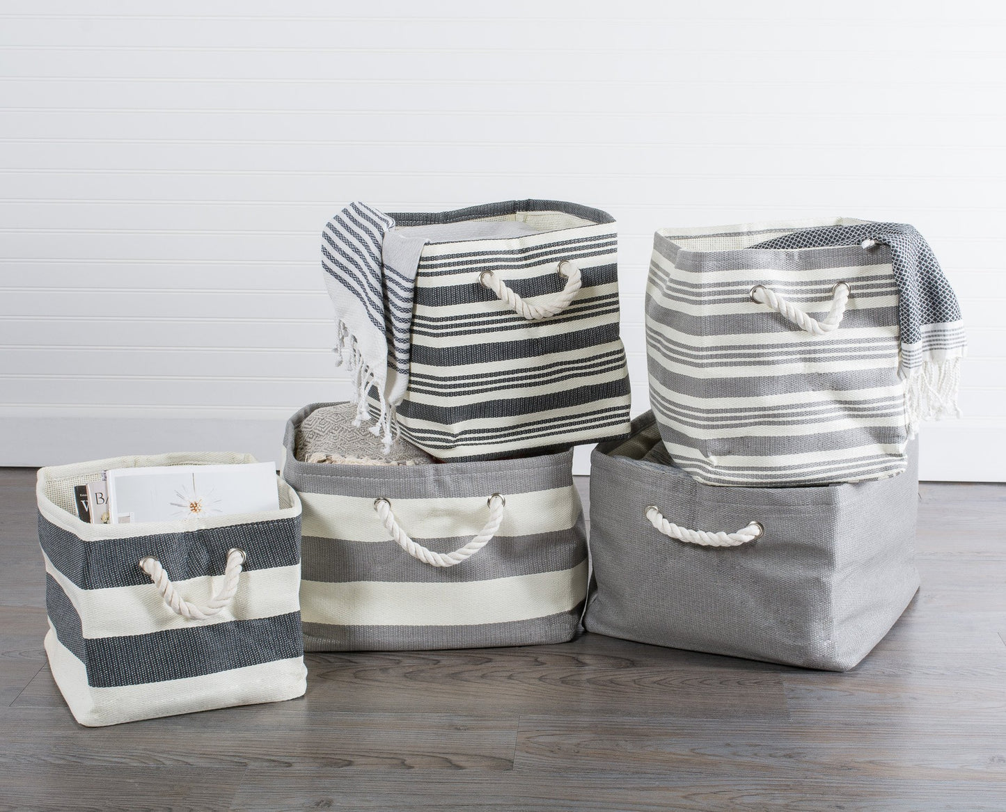 DII Durable Woven Striped Storage Bin Collapsible with Soft Rope Handles Reinforced with Metal