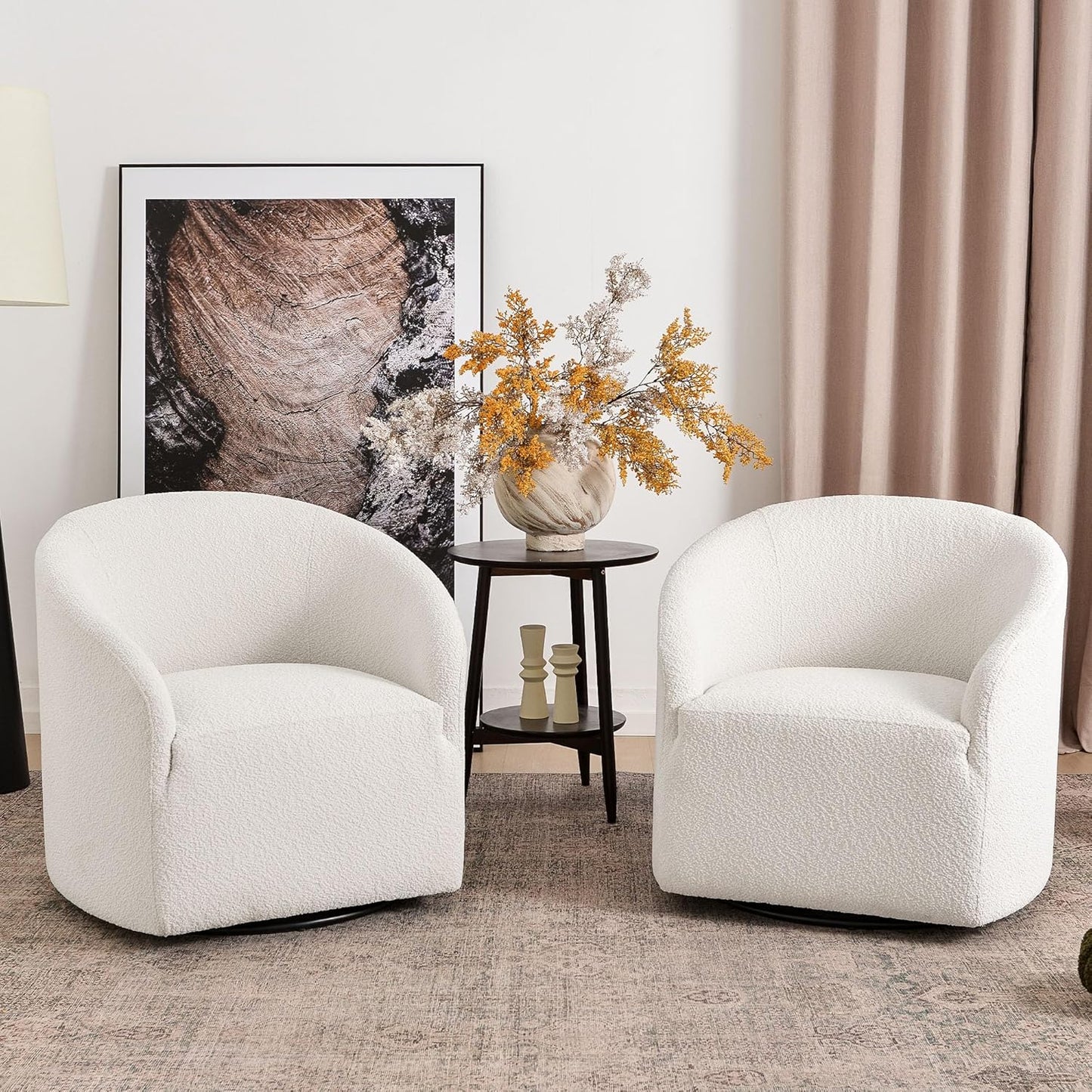 KINWELL 32" Wide Modern Boucle Swivel Barrel Chairs Set of 2, No Assembly Round Upholstered Swivel