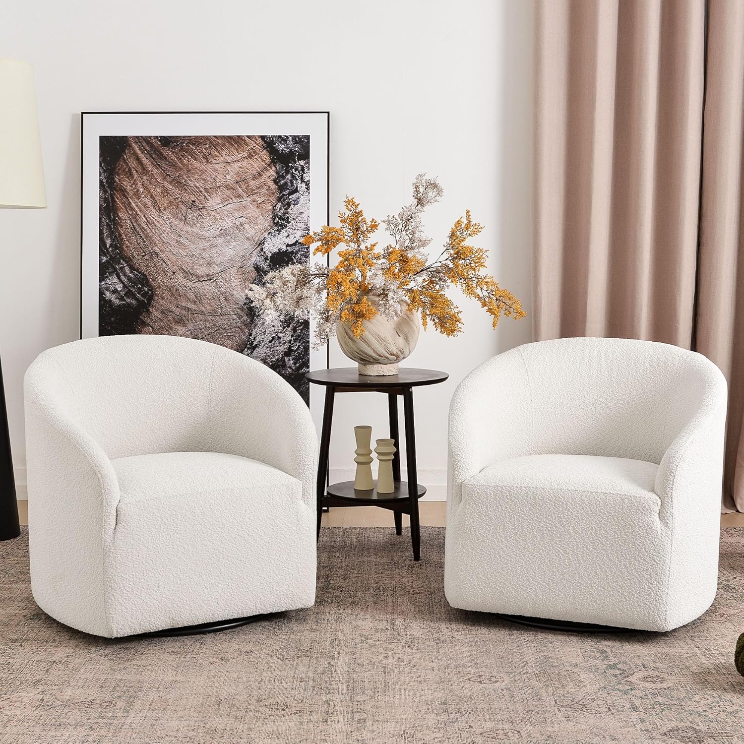 KINWELL 32" Wide Modern Boucle Swivel Barrel Chairs Set of 2, No Assembly Round Upholstered Swivel