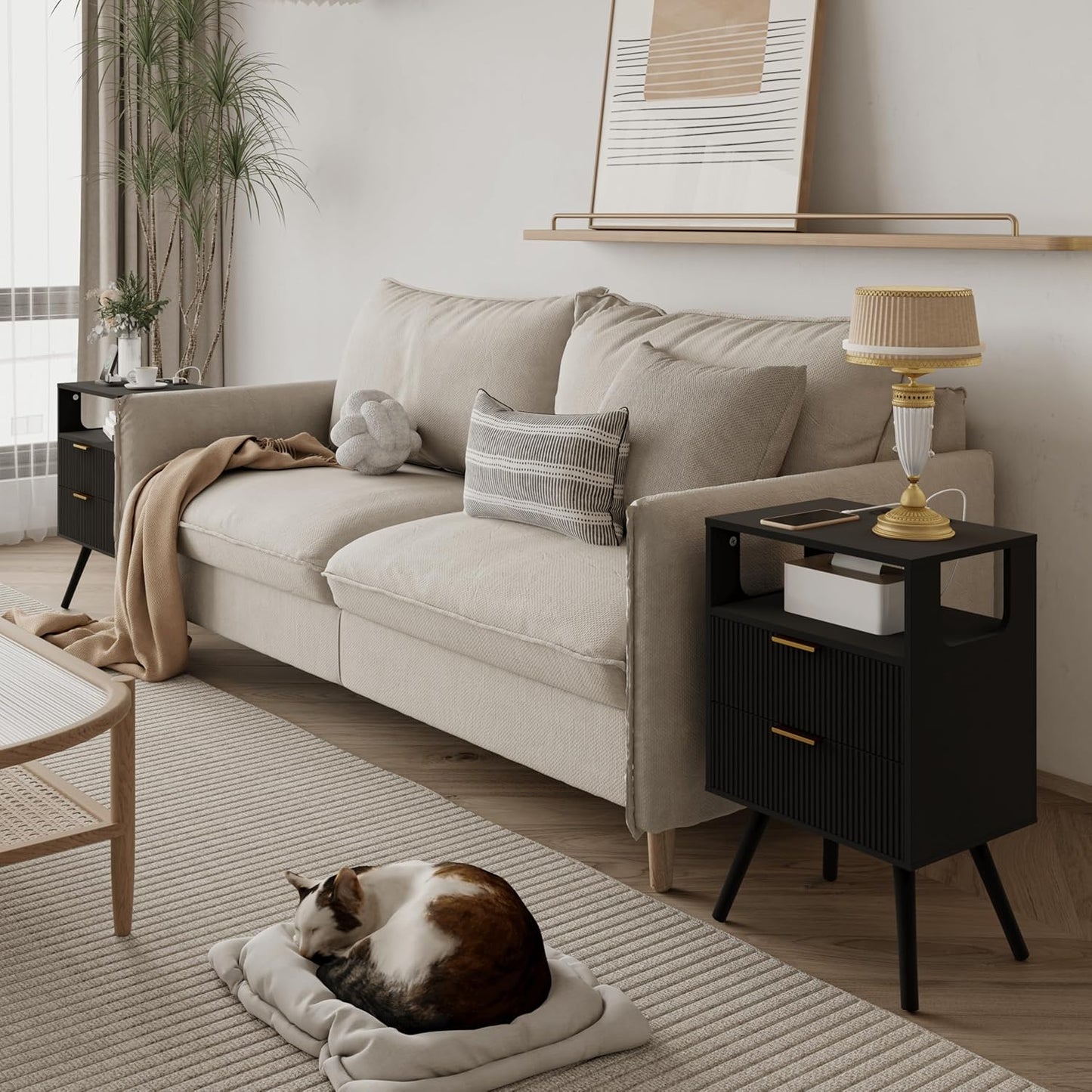 Black Nightstand with Charging Station and LED Lights,Modern Bedside Table with 2 Storage Drawer