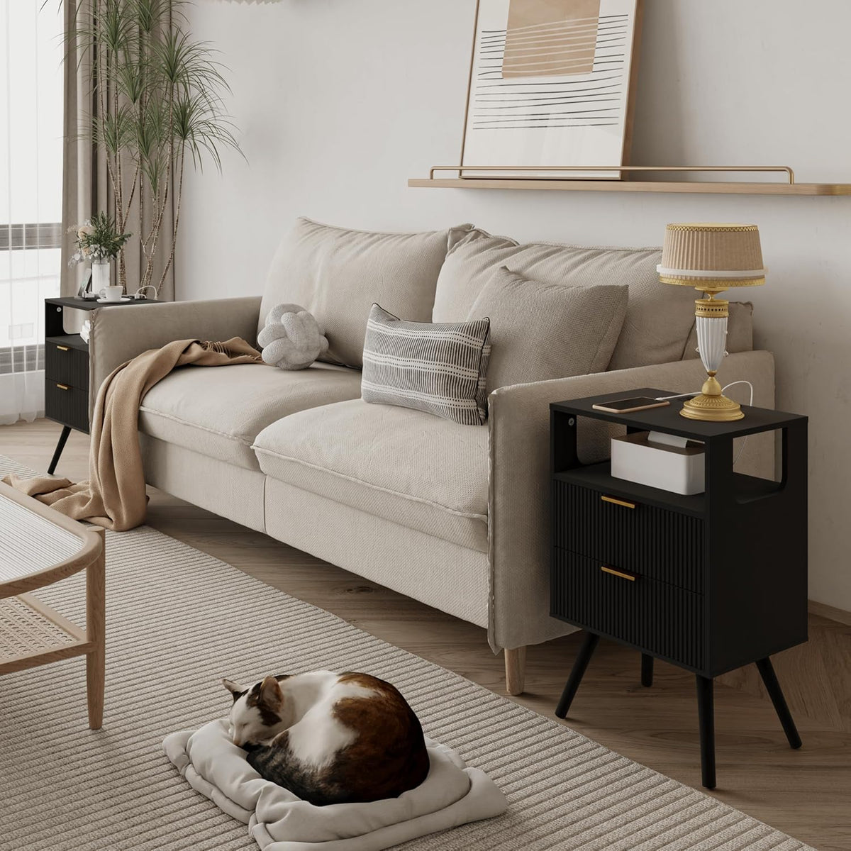 Black Nightstand with Charging Station and LED Lights,Modern Bedside Table with 2 Storage Drawer