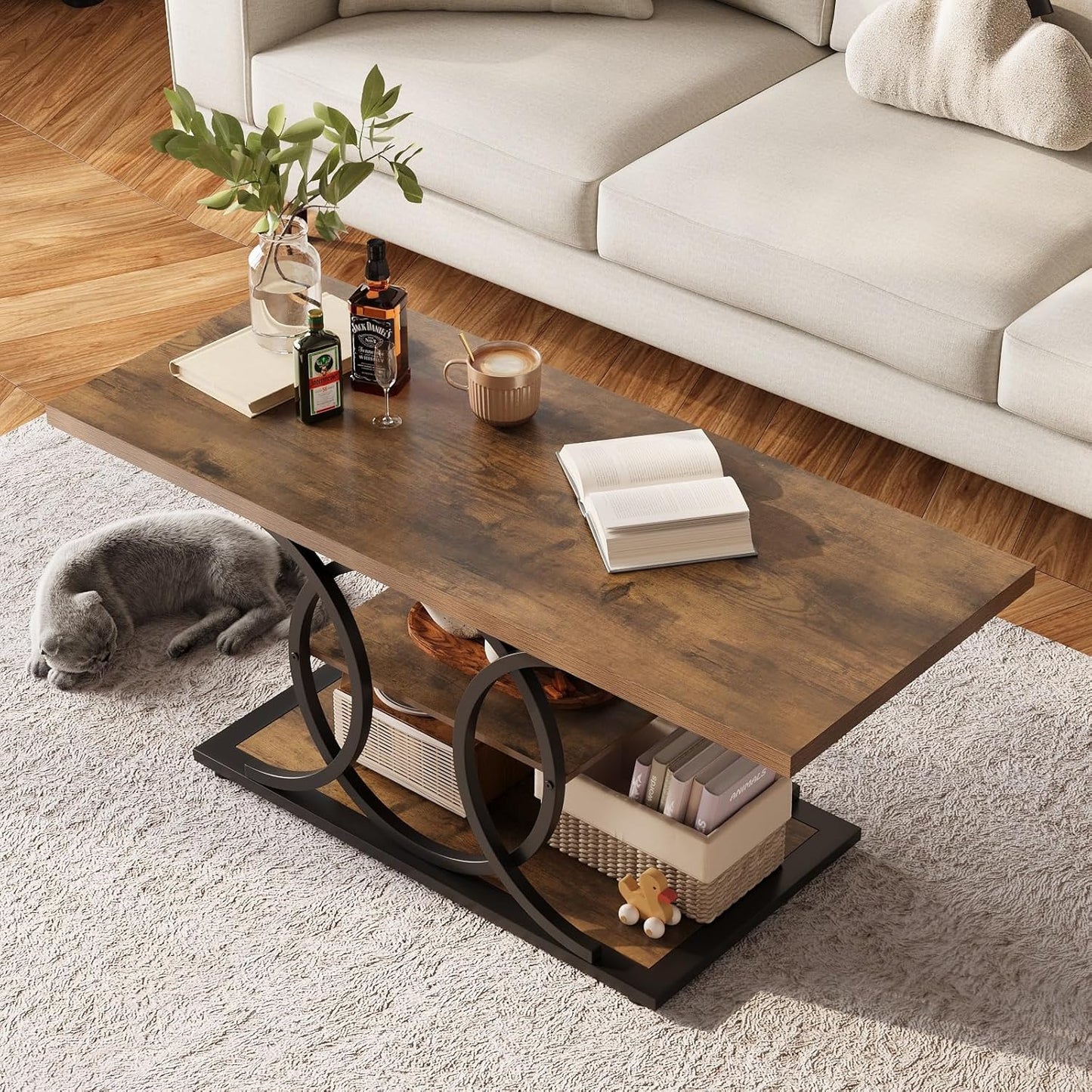 GiftGo Rustic Coffee Table with Storage Industrial 3 Tier Center Living Room Table Farmhouse Wooden
