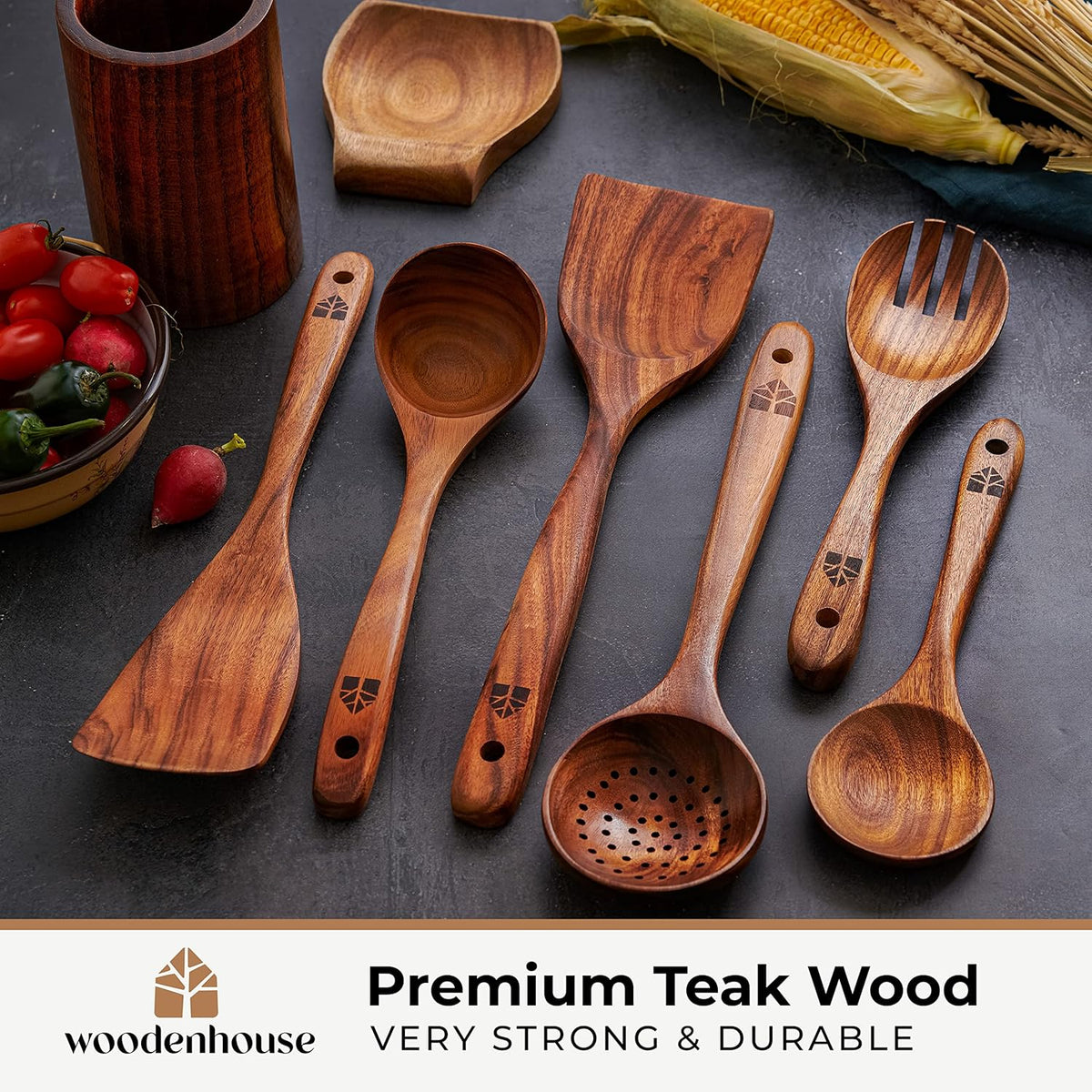 8 Pcs Teak Wooden Utensil Set with Holder, Spoon Rest & 6 Hooks - Durable Wooden Spoons for Cooking