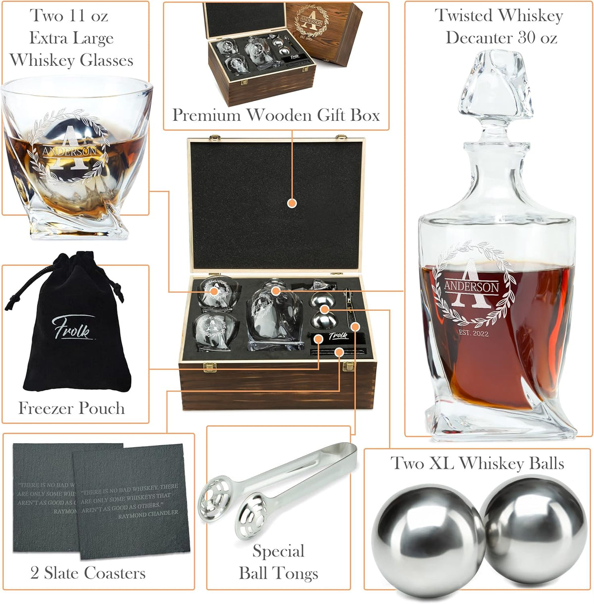 Personalized Whiskey Decanter and Stones Set - Customized Gift for Him - Men, Dad, Father
