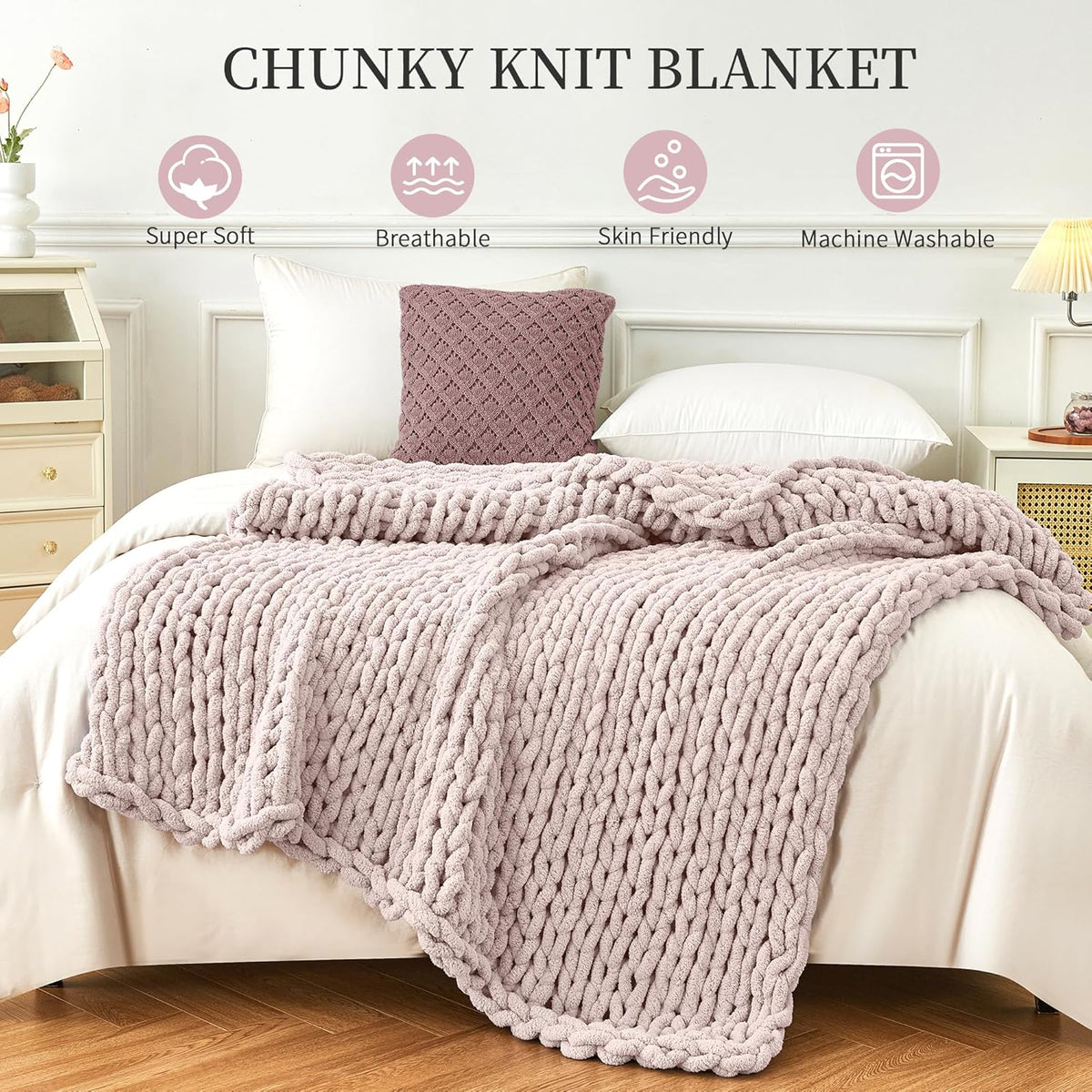 Admitrack Chunky Knit Blanket Throw, 100% Hand Knit Chenille Throw Blanket for Sofa & Home Decor
